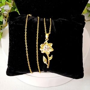 Gold Chain Necklace with Multi Color Flower Pendant